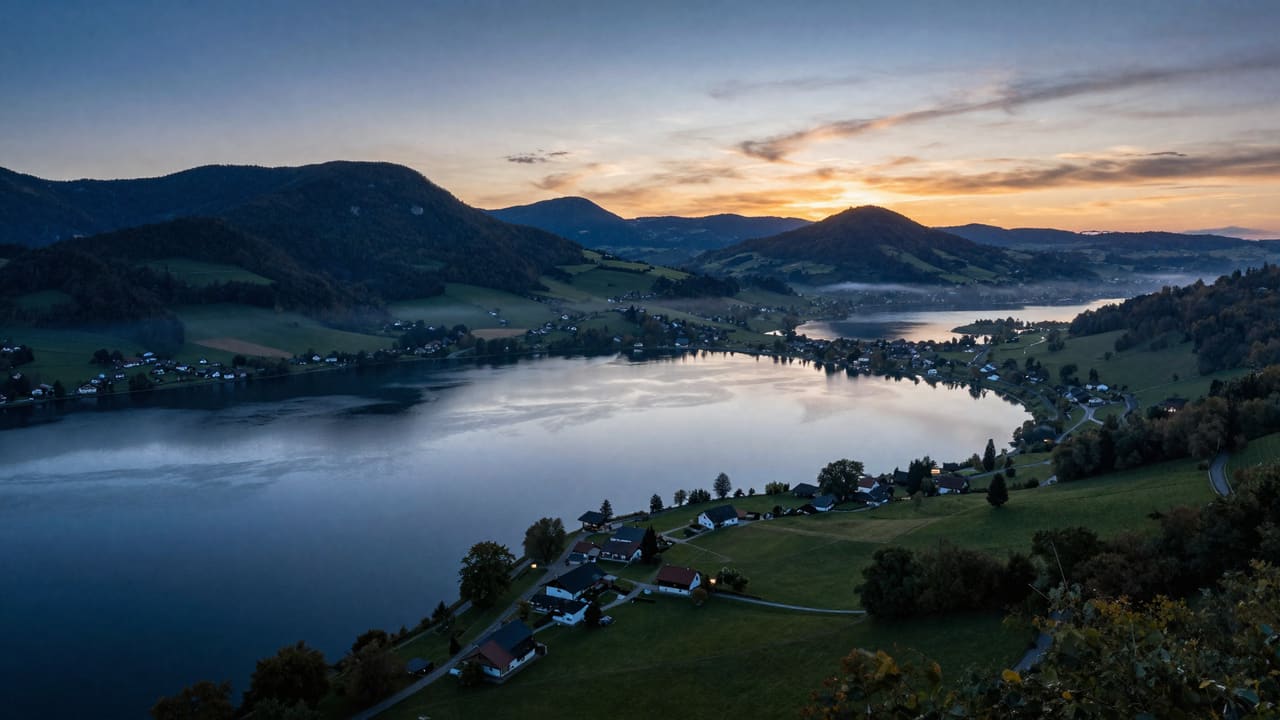 Abendliche Landschaft der Hegau-Bodensee-Region mit sanften Hügeln und See