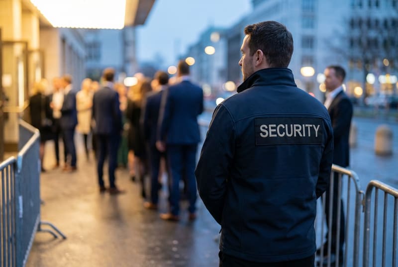 Sicherheitsmitarbeiter an einem Veranstaltungseinlass mit Absperrgittern und wartenden Besuchern