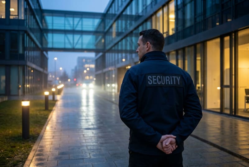 Sicherheitsmitarbeiter bei einem Kontrollgang an einem modernen Firmengebäude in der Abenddämmerung